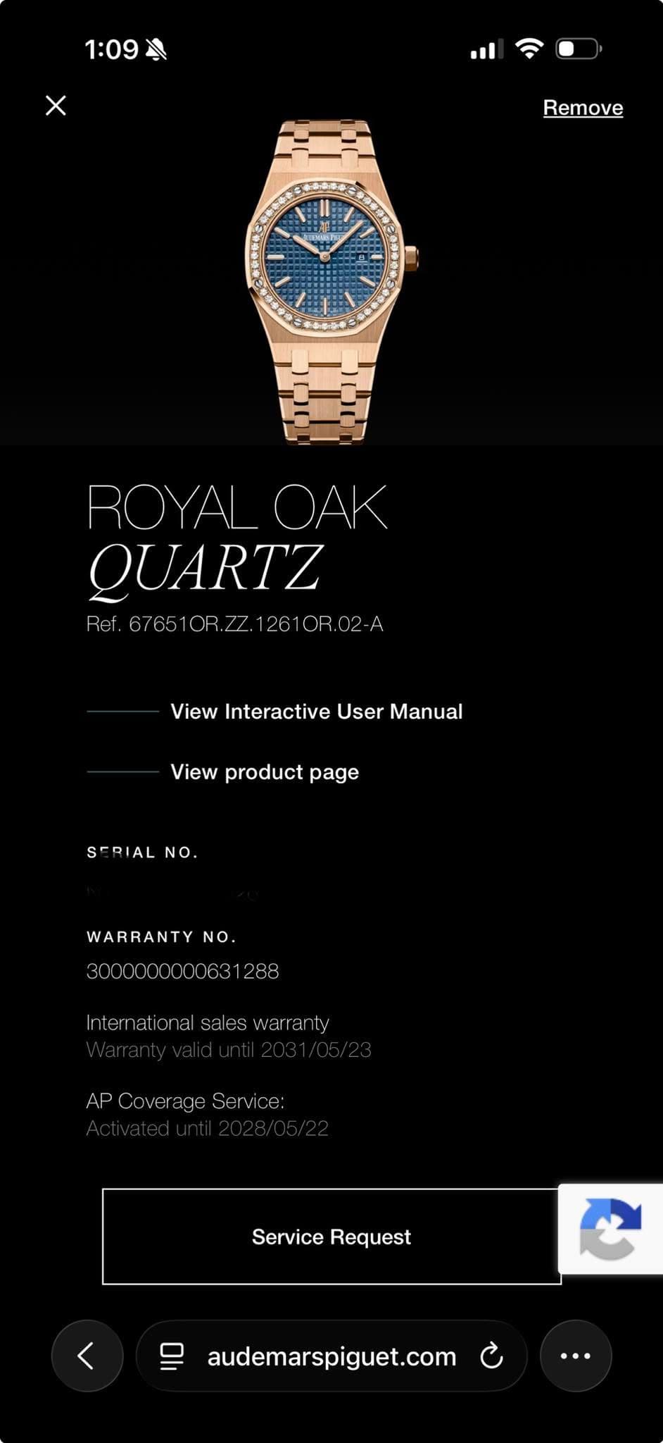 May be an image of digital watch and text that says '1:09 善 X Remove 520444 -E ROYALOAK ROYAL OAK QUARTZ Rer. 6765 أ 26 OR.02-A OR. View Interactive View.InteractiveUserManual…