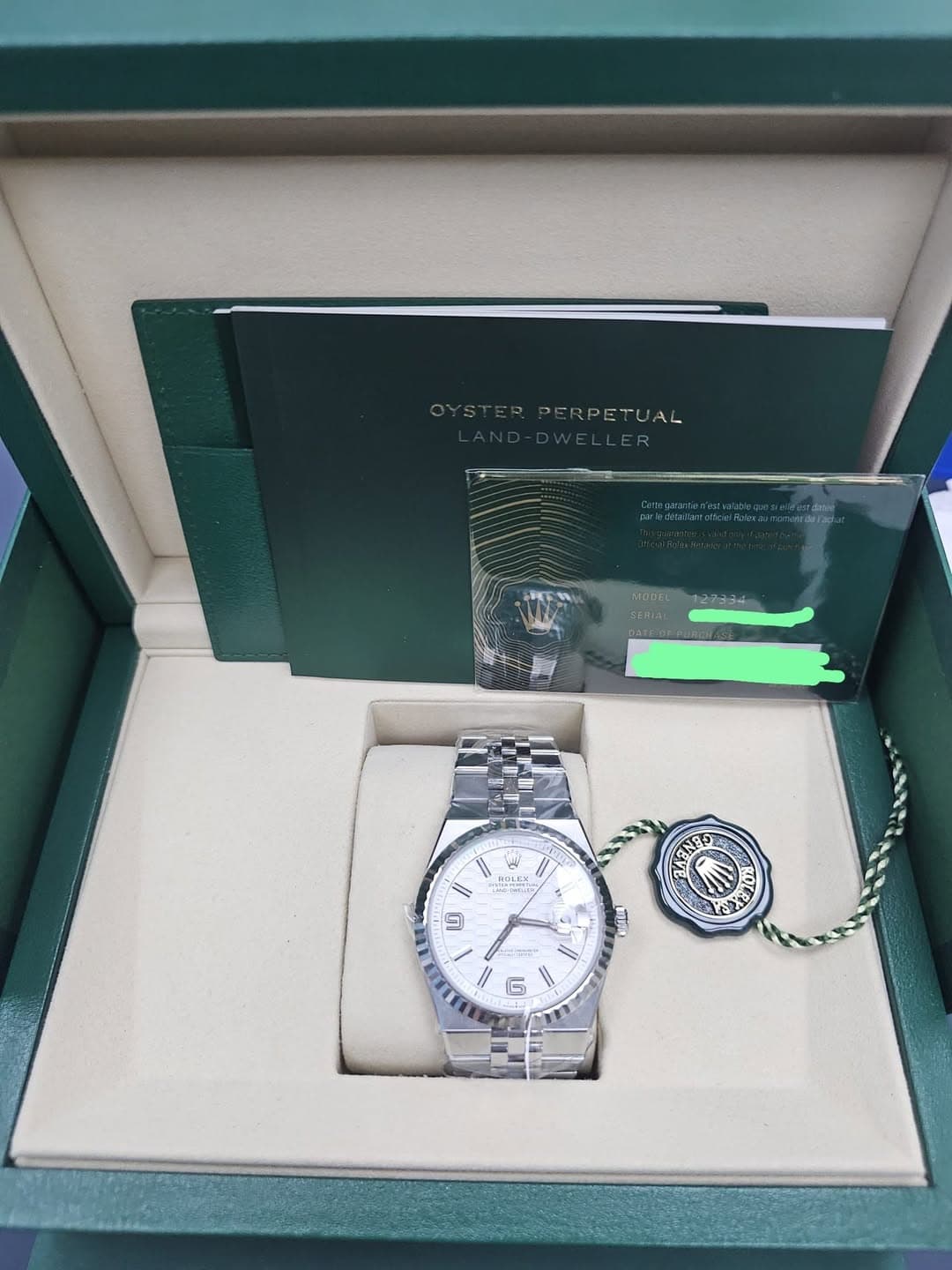 May be an image of wrist watch and text that says 'OYSTER PERPETUAL ODE SEHIAL 127334 OИX ROLES RNDS 5 Beл LITN G'