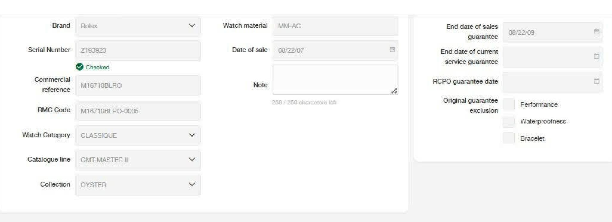 May be an image of text that says 'Brand Rolex Serial Number Z193923 Watch material M-AC Chooked Commercial reference Date Dateofsale of sale M16710BLAO 08/22/07 RMG Code End date…