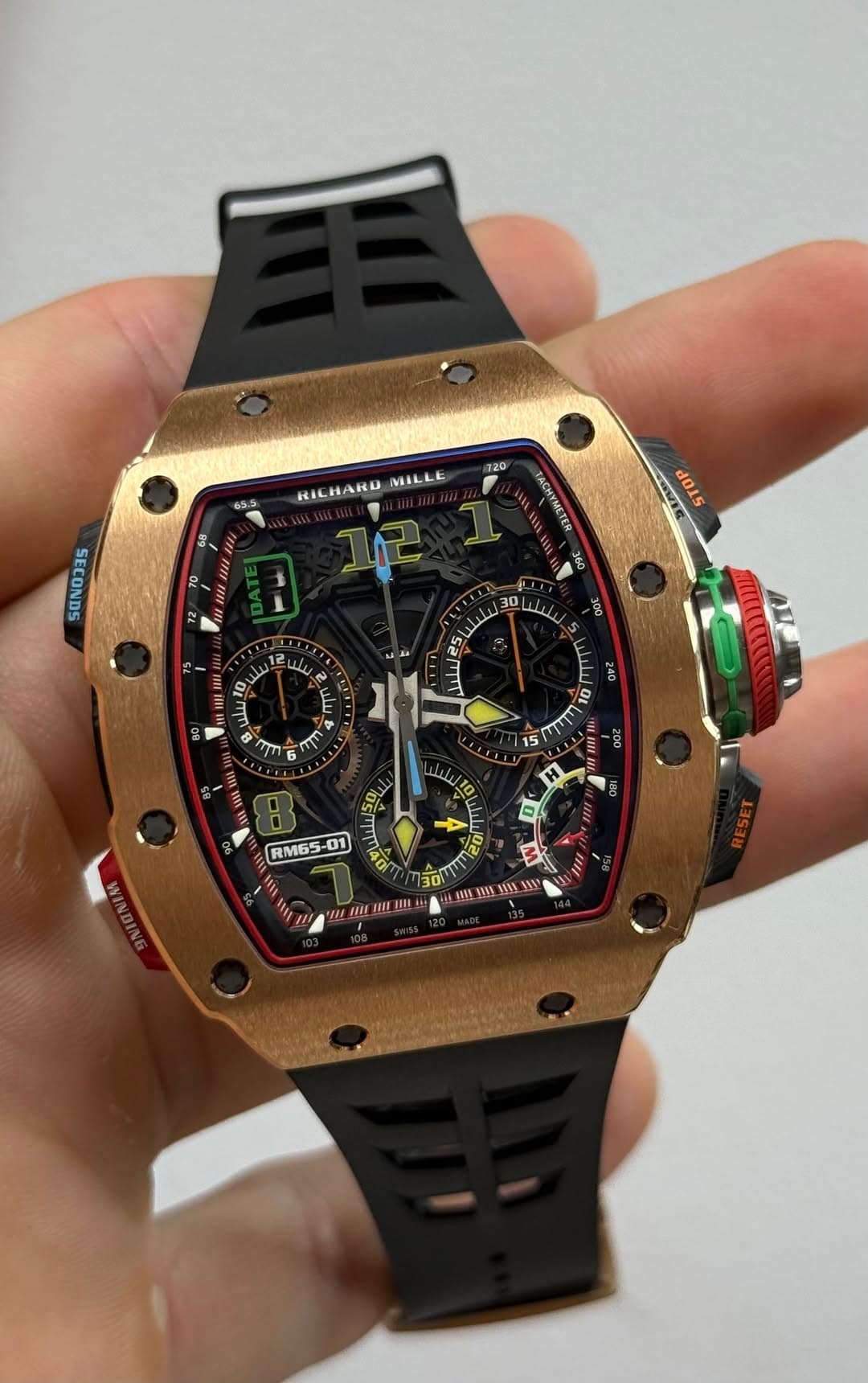 May be an image of wrist watch and text that says '65.5 120 HILHARD MILLE TO SOSESOS d015 TACHYMETER 75 شلنا إل OLie 300 ויריי 10 007 T n n g GOZ 9 081 RM65-01 01 RM65 20 300…