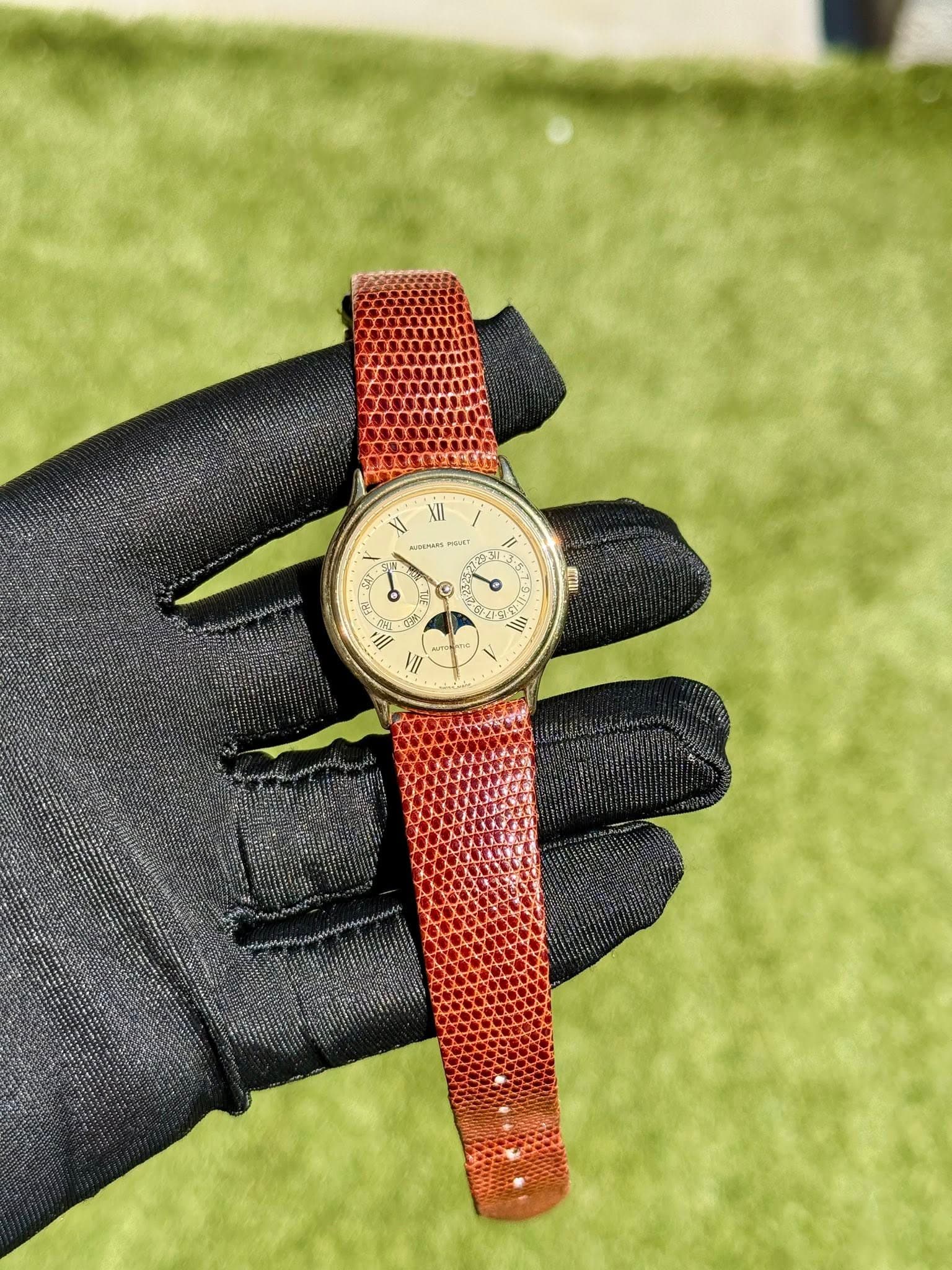 May be an image of leather, wrist watch and text