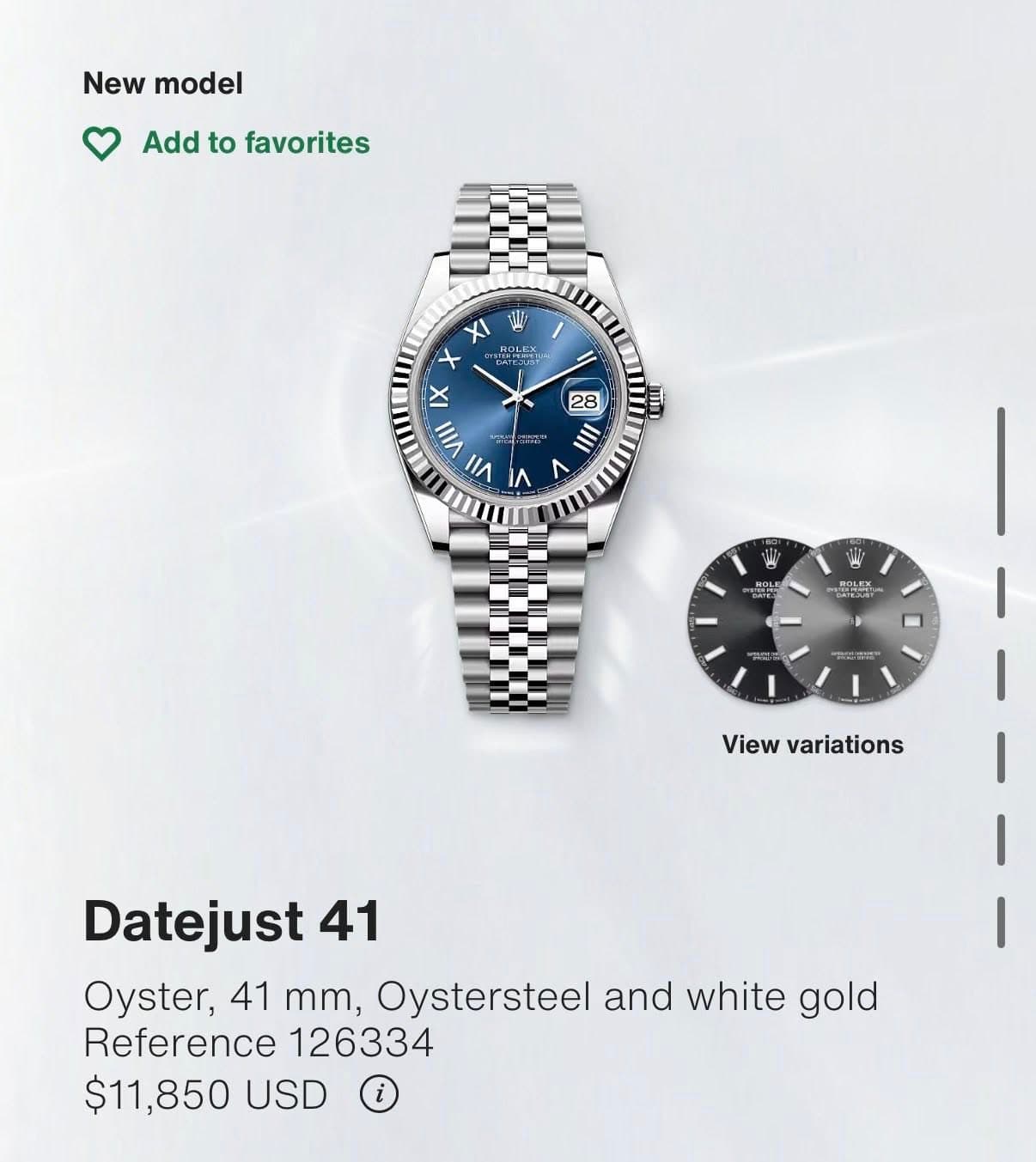 May be an image of digital watch and text that says 'New Newmodel model Add to favorites ۱ M + ន ROLEN IX VIII ۱۱ VI ۸ 28 豊 NOH বদারেনন I I View variations Datejust 41 Oyster, 41…
