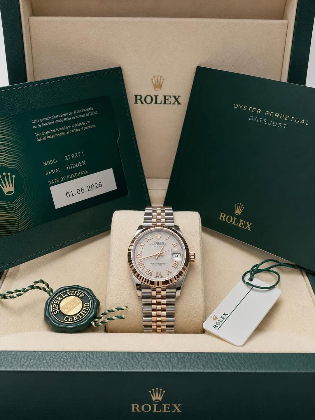 May be an image of wrist watch and text that says 'ROLEX OYSTER DATEJUST PERPETUAL YSTERPERPETUAL UAL PERPE 278271 MODEL ERIALHIDDEN 모면트즈 ROLEX A እር I!I S II 0 UIT 1 cuni CUPRR…