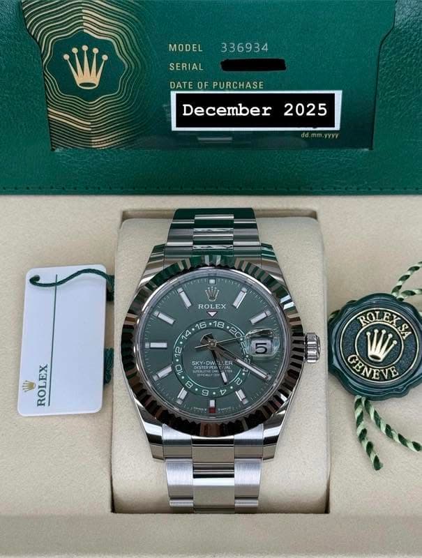 May be an image of wrist watch and text that says 'MODEL 336934 SERIAL DATE OF PURCHASE December 2025 yyγy W ROLEX ROL EX ம SKY-OW SKY -DW ង ROLEX 10 D MM A ROLEKSA ሠ. CENEVE'