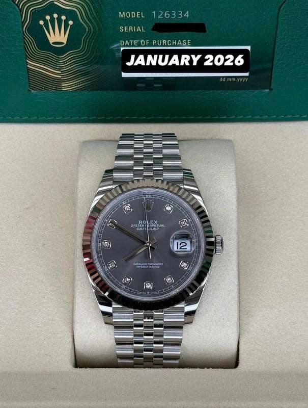 May be an image of wrist watch and text that says 'MODEL 126334 SERIAL DATE DATEOFPURCHASE OF PURCHASE JANUARY 2026 지 C ROLEX DAT DATISUST CUT UAL GUST طه 1+ ผเลิ اا 12 SPN…
