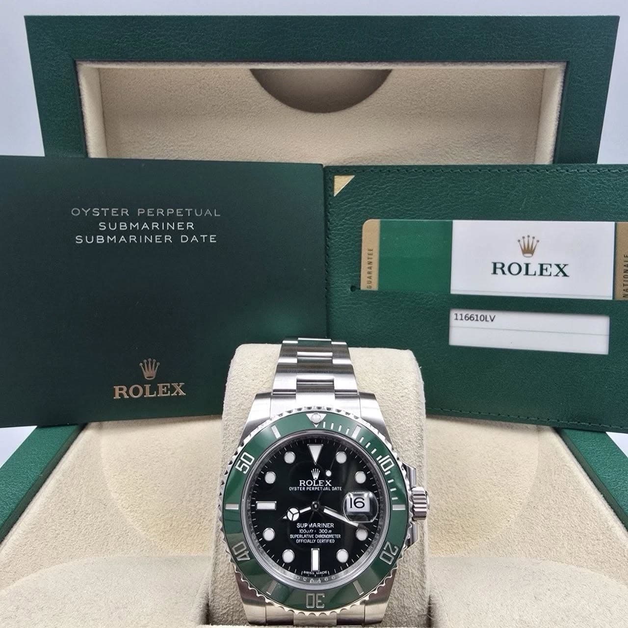 May be an image of wrist watch and text that says 'OYSTERPERPETUAL OYSTER PERPET SUBMARINER SUBMARINER DATE UARANTEE ROLEX 116610LV ROLEX 50 ROLEX AGA CAnE ROLE GI 10 6 SUPVARINER…