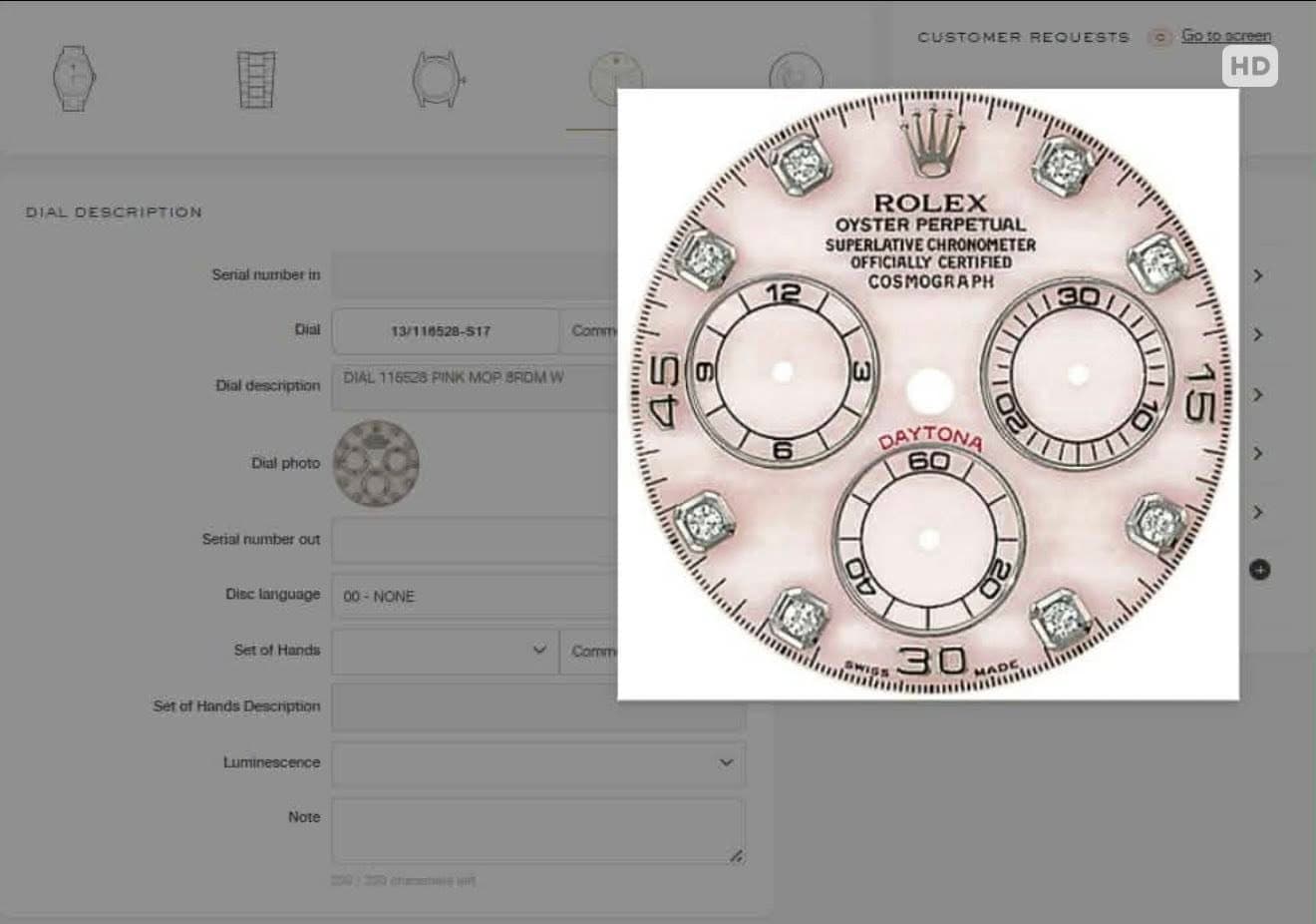 May be an image of text that says 'DIAL ALDESCRIPTION CUSTOMER REQUESTS Gososcteen Goto HD Senal number Sentalnumberin in 13/ ROLEX OYSTER PERPETUAL SUPERLATIVE…