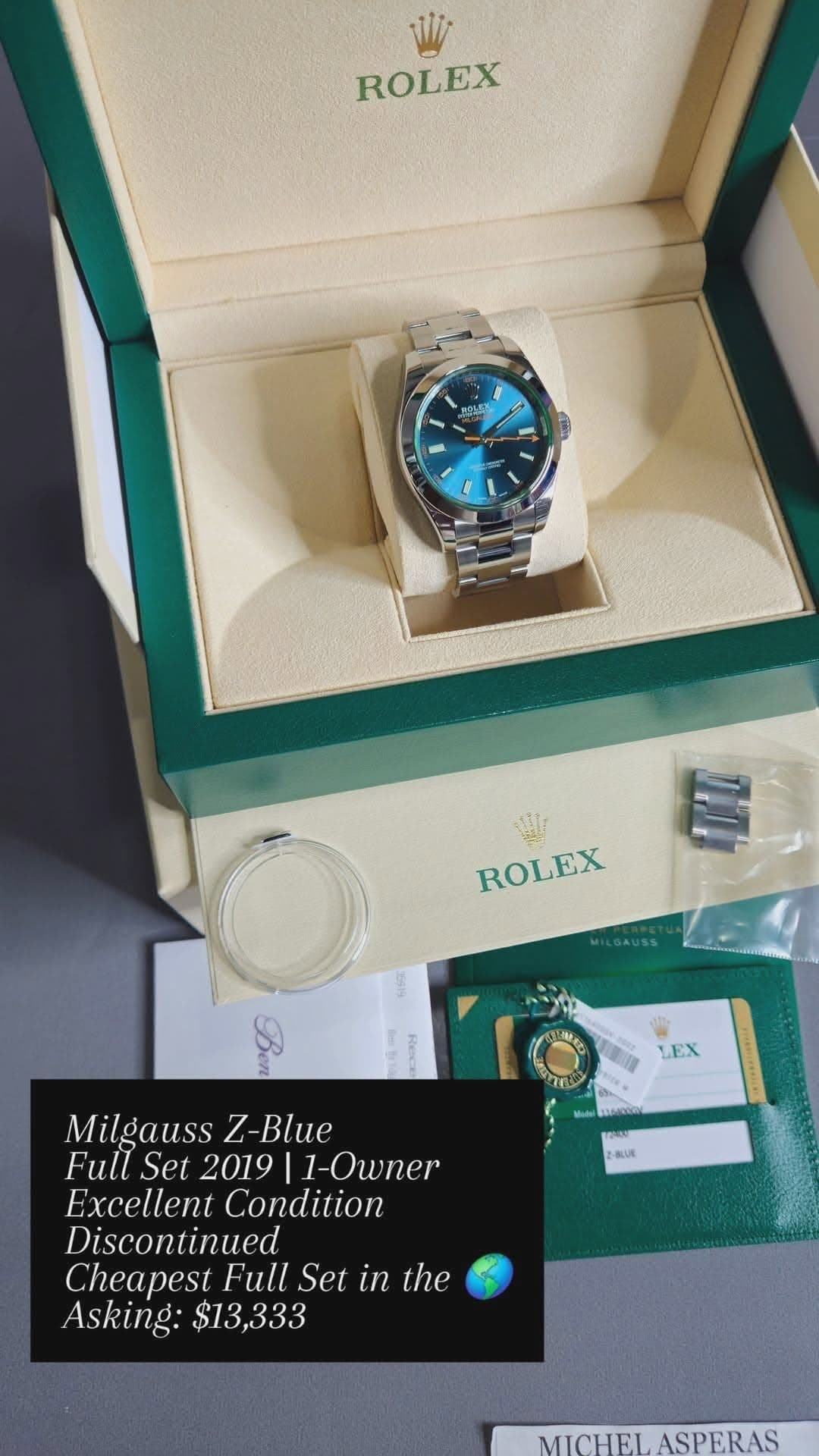 May be an image of wrist watch and text that says 'ROLEX 부리스 ROLEX 理 MILGAUSS LEX -OLUR BLU Milgauss Z-Blue Full Set 2019 9|1-Owner Excellent Condition Discontinued Cheapest Full…