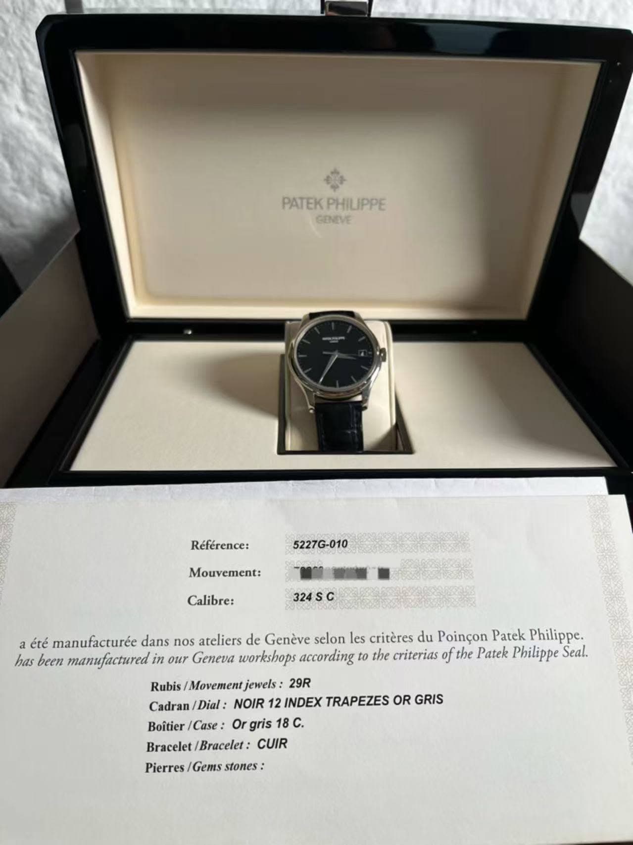 May be an image of wrist watch and text that says 'PATEKPHILIPPE PHILIPPE PATEK GENEVE Référence: 5227G-010 Mouvement: Calibre: 24SC a été manufacturée dans nos ateliers de Genève…