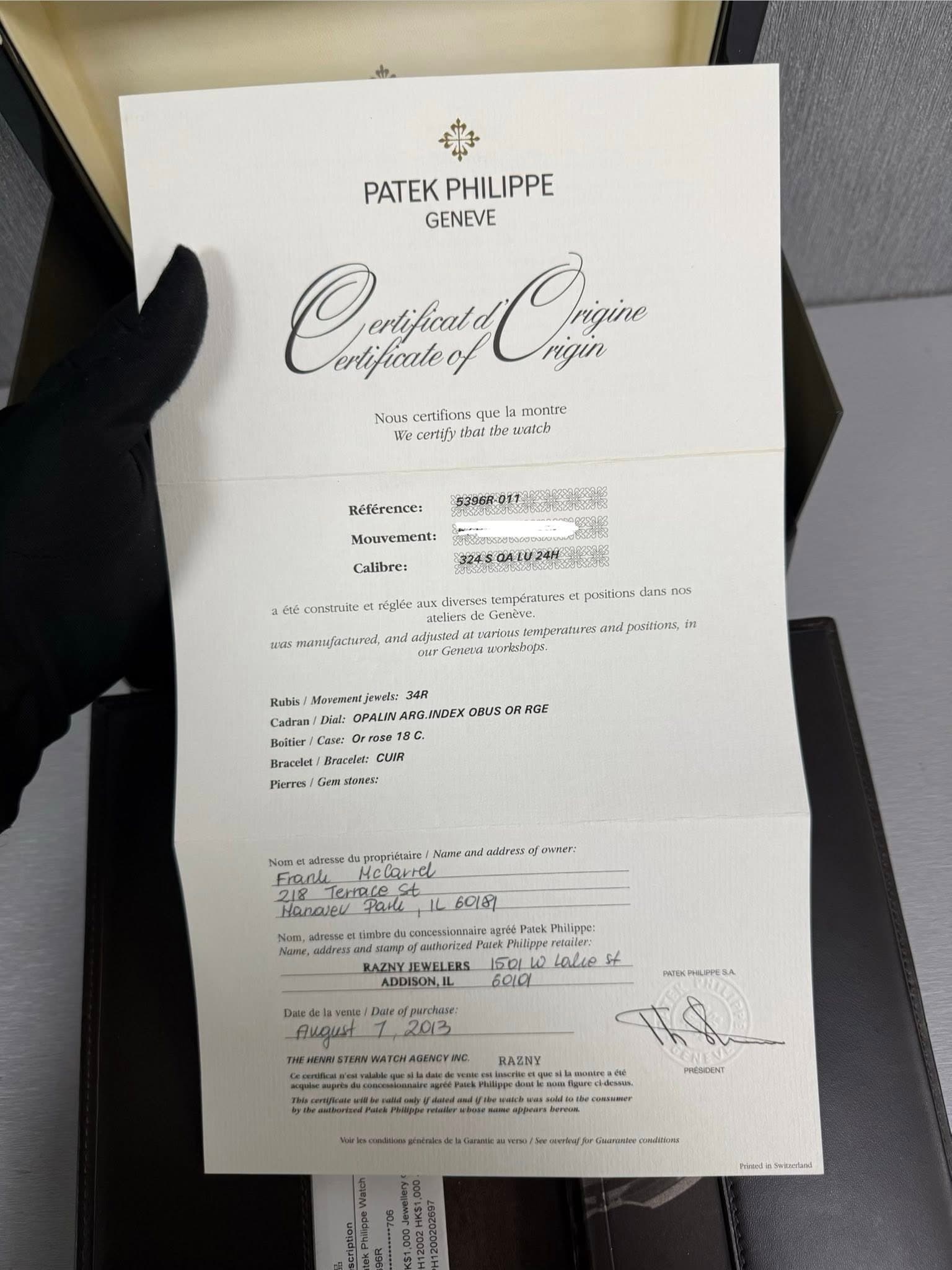May be an image of text that says 'PATEK PHILIPPE GENEVE Chttang orlificatedf Ohin rigin certifions que montre We CET that atch Référence: Mouvement: Calibre: 3245QALU24H aeté…
