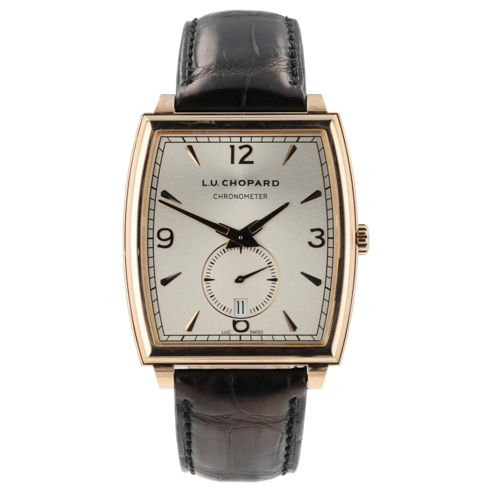 May be an image of wrist watch and text that says '12 L.U. CHOPARD CHRONOMETER 9 3 IUA I1 11 I VIE LC SS OS'