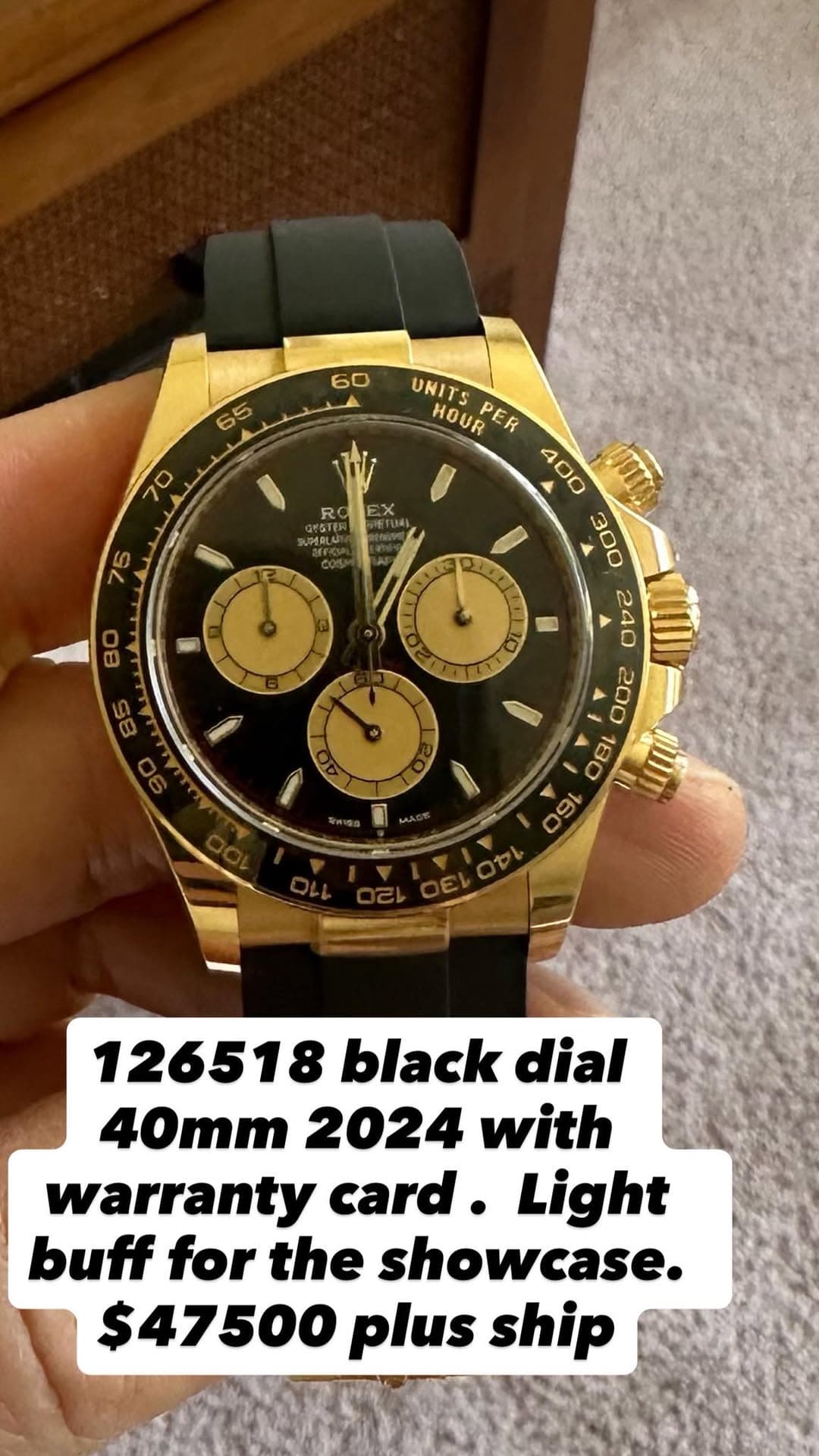May be an image of wrist watch and text that says ' R PHALU 75 نء U 80 UNITS HOUR PER P 126518 black dial 40mm 2024 with warranty card. Light buff for the showcase. $47500 plus…
