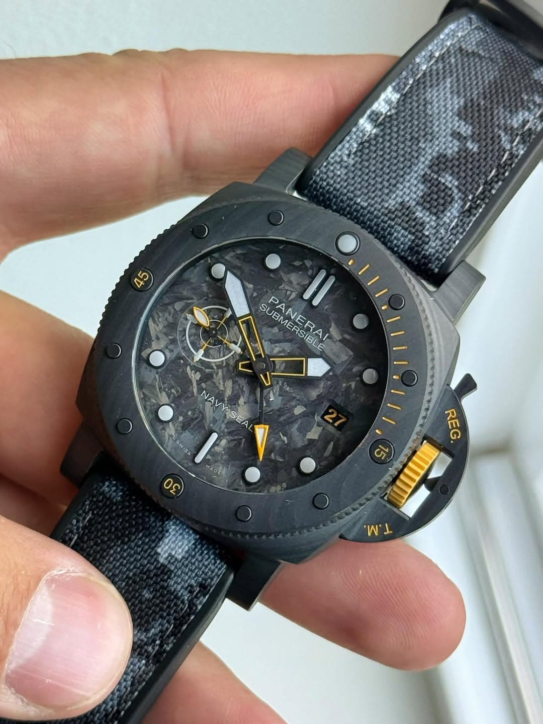 May be an image of wrist watch and text that says '45 4 SUBMERSIBLE SUBMERAI BMERSIAI PANERAI IBLE NAV NAVYSEA YOSEA W:SS MADE 02) SL REG. 'W WT I'
