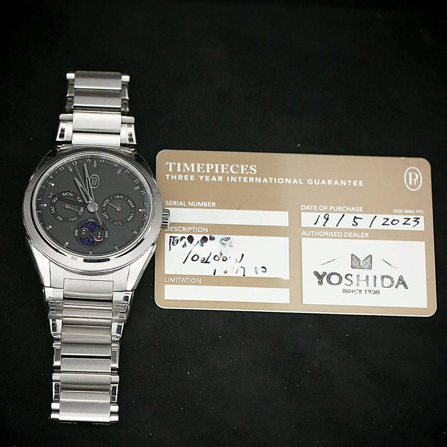 May be an image of digital watch and text that says 'NC مأدد عیا M TIMEPIECES THREE YEAR INTERNATIONAL GUARANTEE SERIAL NUMBER DATE OF OFP FPURCHASE 19 5 AUTHORISED…