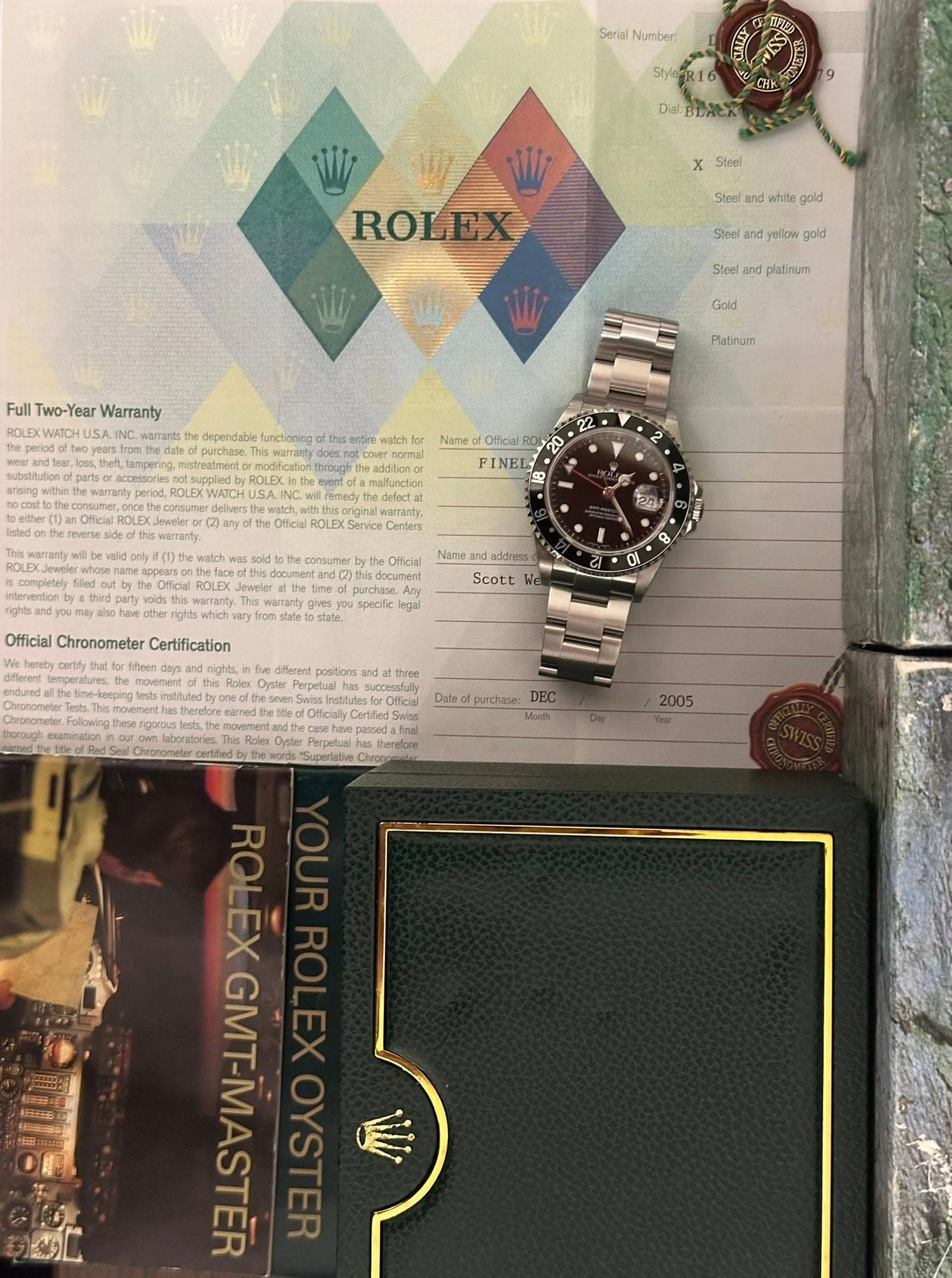 May be an image of wrist watch and text that says 'Seriai Number SUR16 Dak BeAEK x Stoel Steel ROLEX pold Steef and yelun gold: Stoel platimum Full Two-Year Warranty USAB Gold…