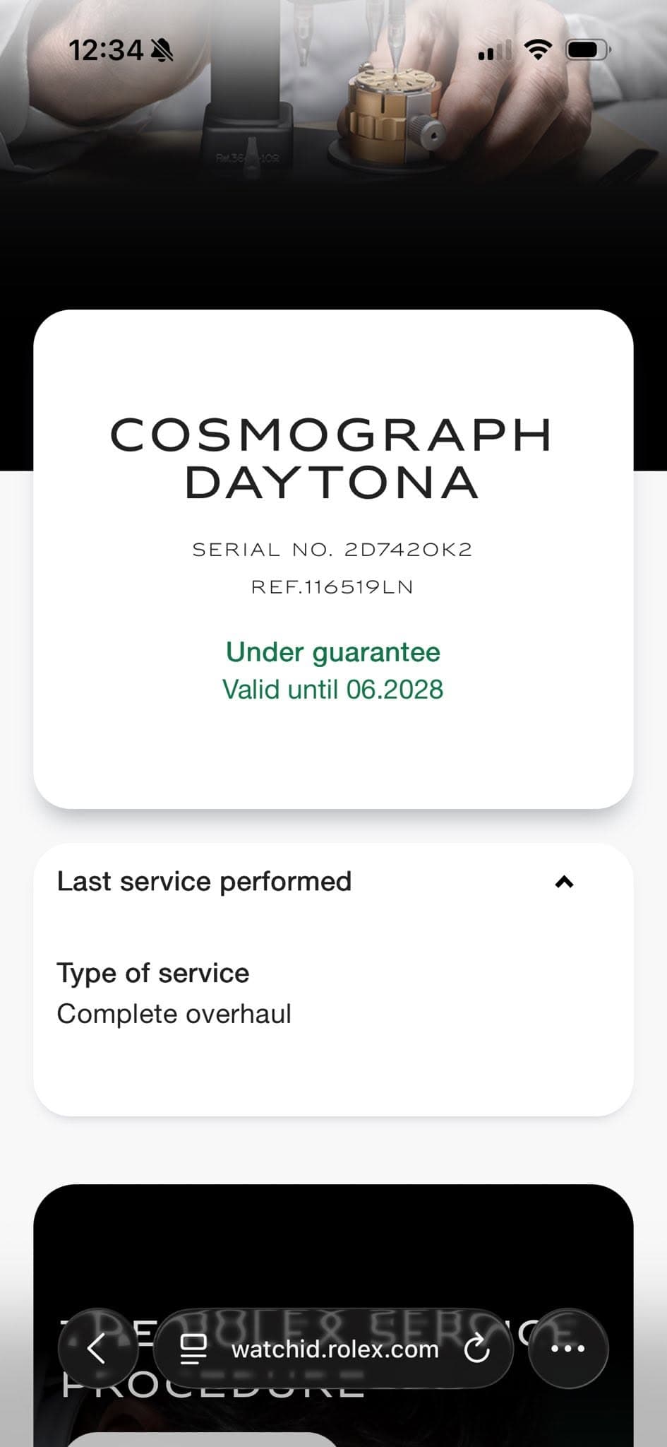 May be an image of text that says '12:34 .ll COSMOGRAPH DAYTONA SERIAL NO. 2D7420K2 REF.116519LN Under guarantee Valid until 06.2028 Last service performed Type of service Complete…