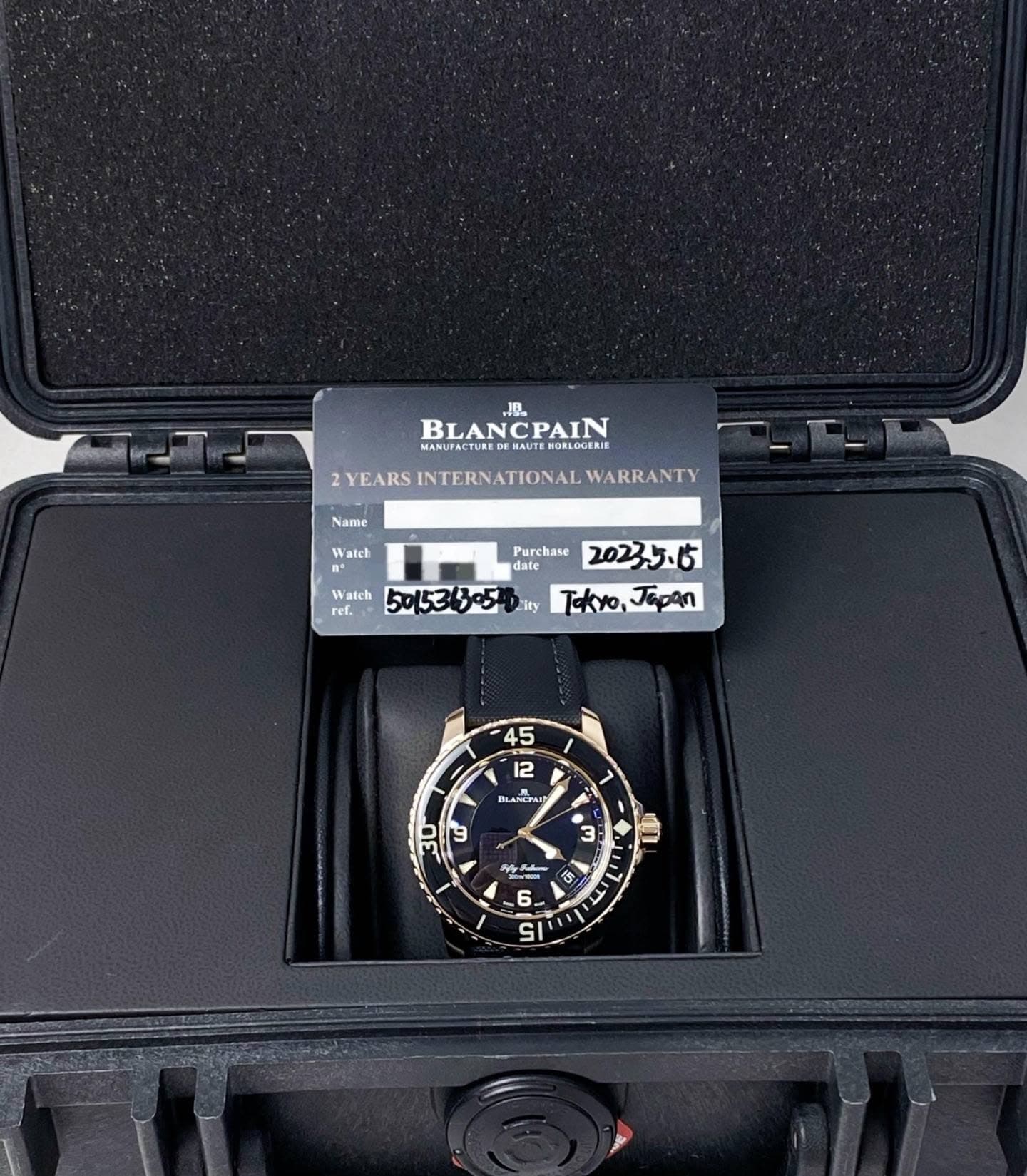 May be an image of digital watch and text that says 'JB BLANCPAIN CPAIN MANUFACTURE ORLOGERIE 2YEARSINTERNATIONAL 2YEARS INTERNATIONAL WARRANTY Name Watck Purchase dafe 20235片…