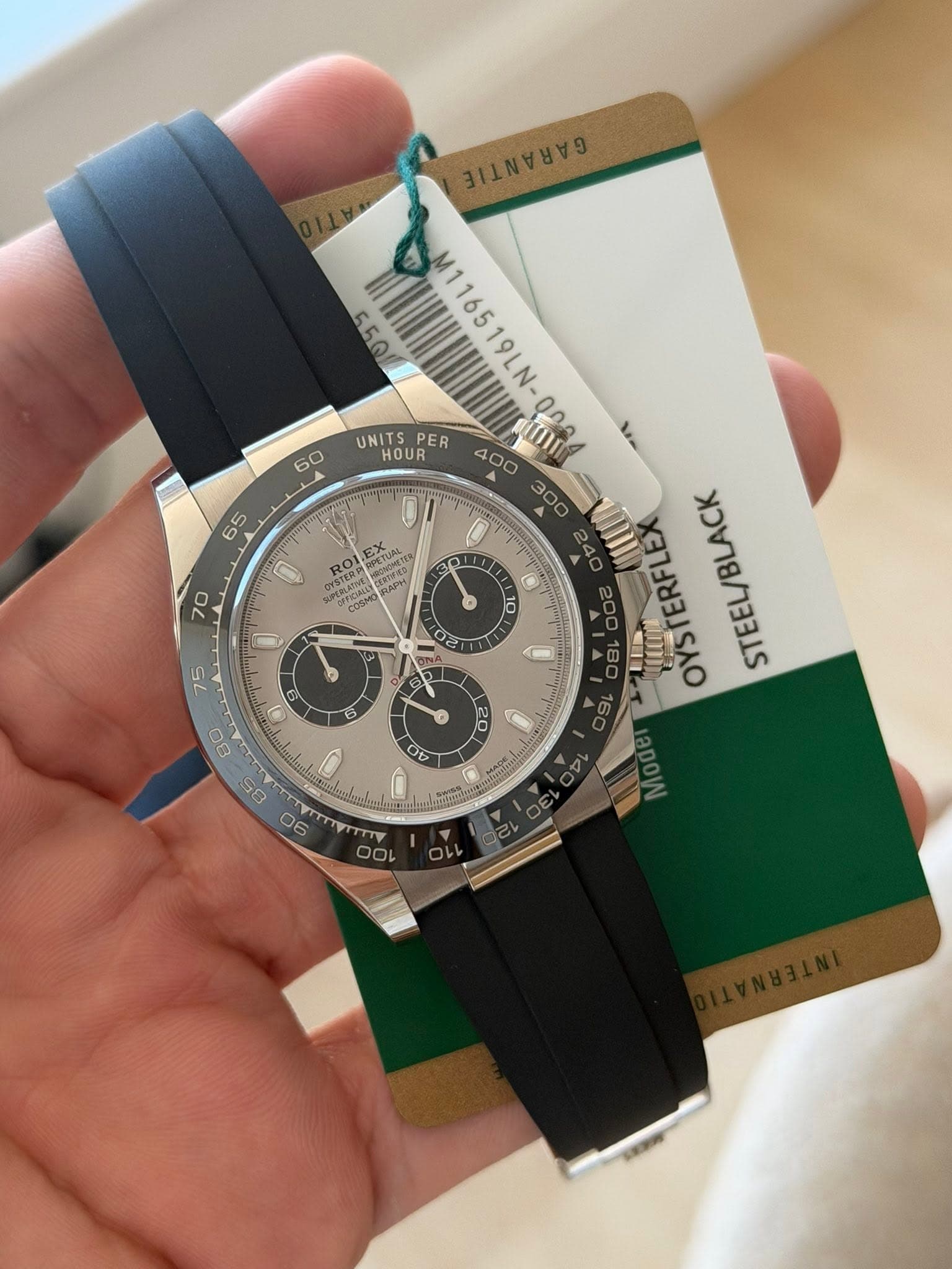 May be an image of wrist watch and text that says '60 BAAAAAIT 550 M116519LN- UNITS UNITSPER PER 400 M116519LN-008 ή 00A HOUR = OYSTERFLEX STEEL/BLACK 65 0' MA PERLATNE COM ROI…