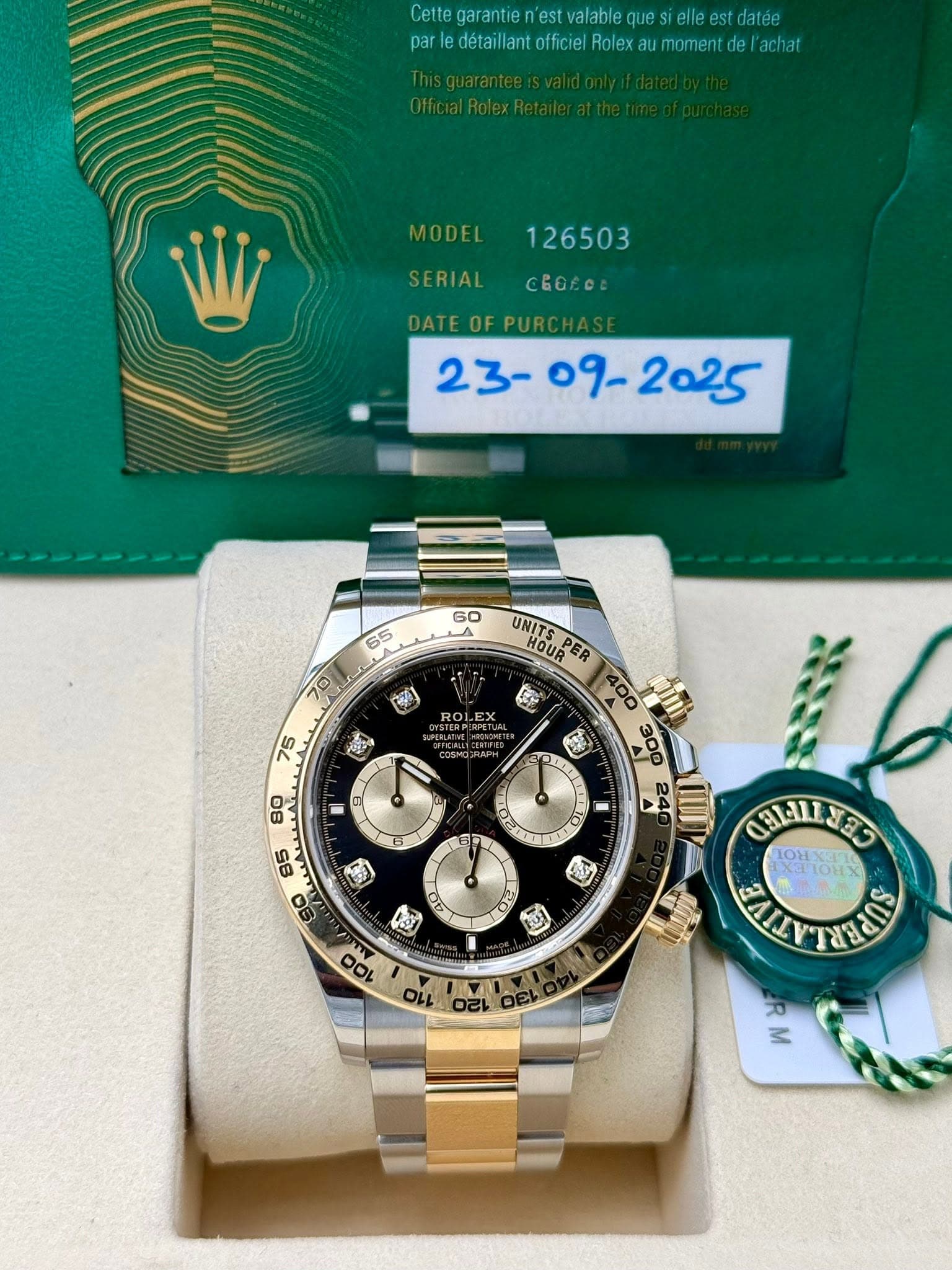 May be an image of wrist watch and text that says 'Cette garantie est alable que elle estdatée partbealaltltlaltlne Rolex elachat MODEL 126503 SERIAL CEORO DATE DATEOFPURC PURC…