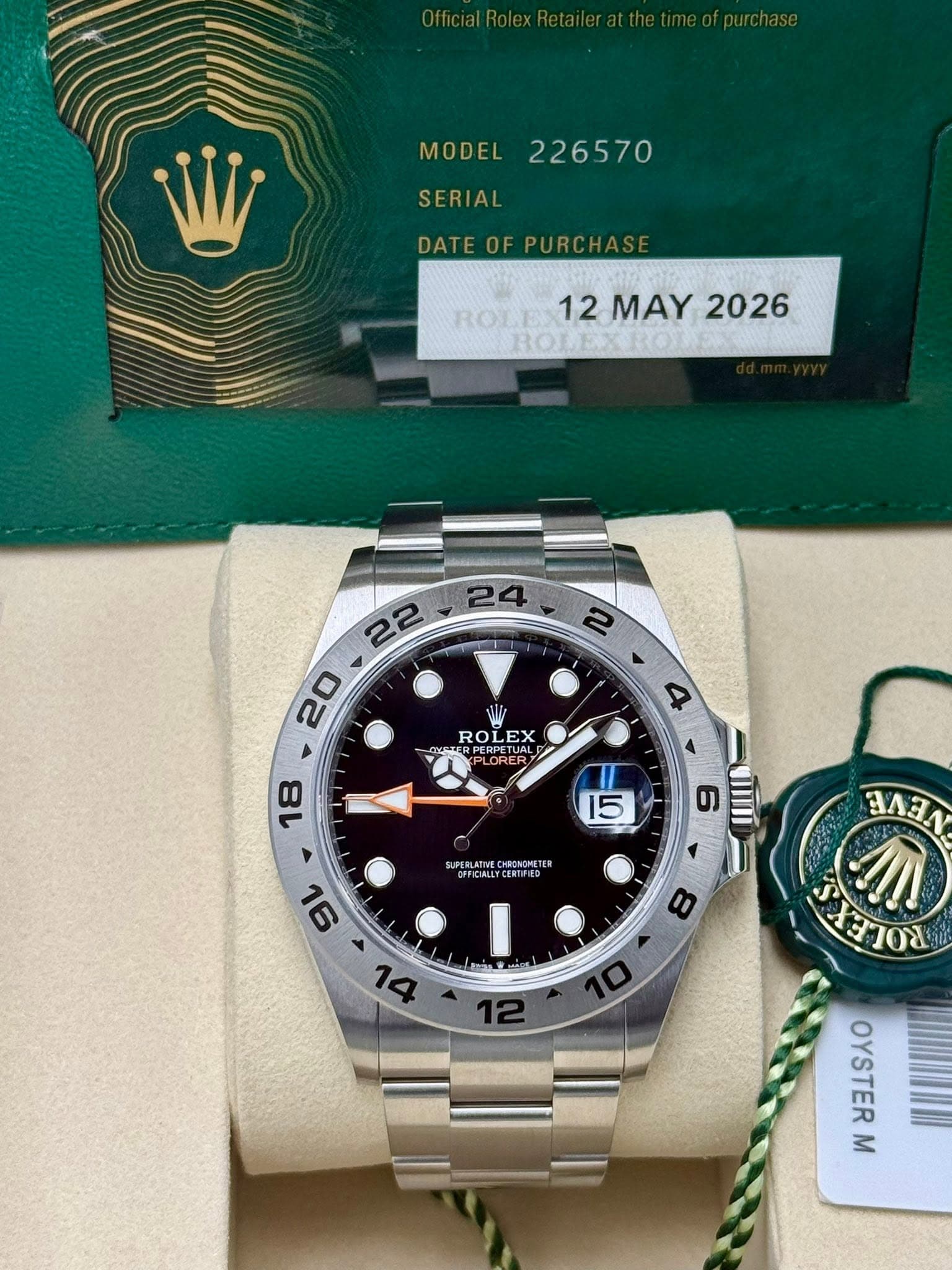 May be an image of wrist watch and text that says 'MODEL 226570 SERIAL DATEOFPURCHAS ROLES 12 MAY 2026 ROLE ROLEX បាមយ PERPETUAL PERPETU 18 I 15 SUPERLATIVA HRONOME 91 p B 6 TIII…