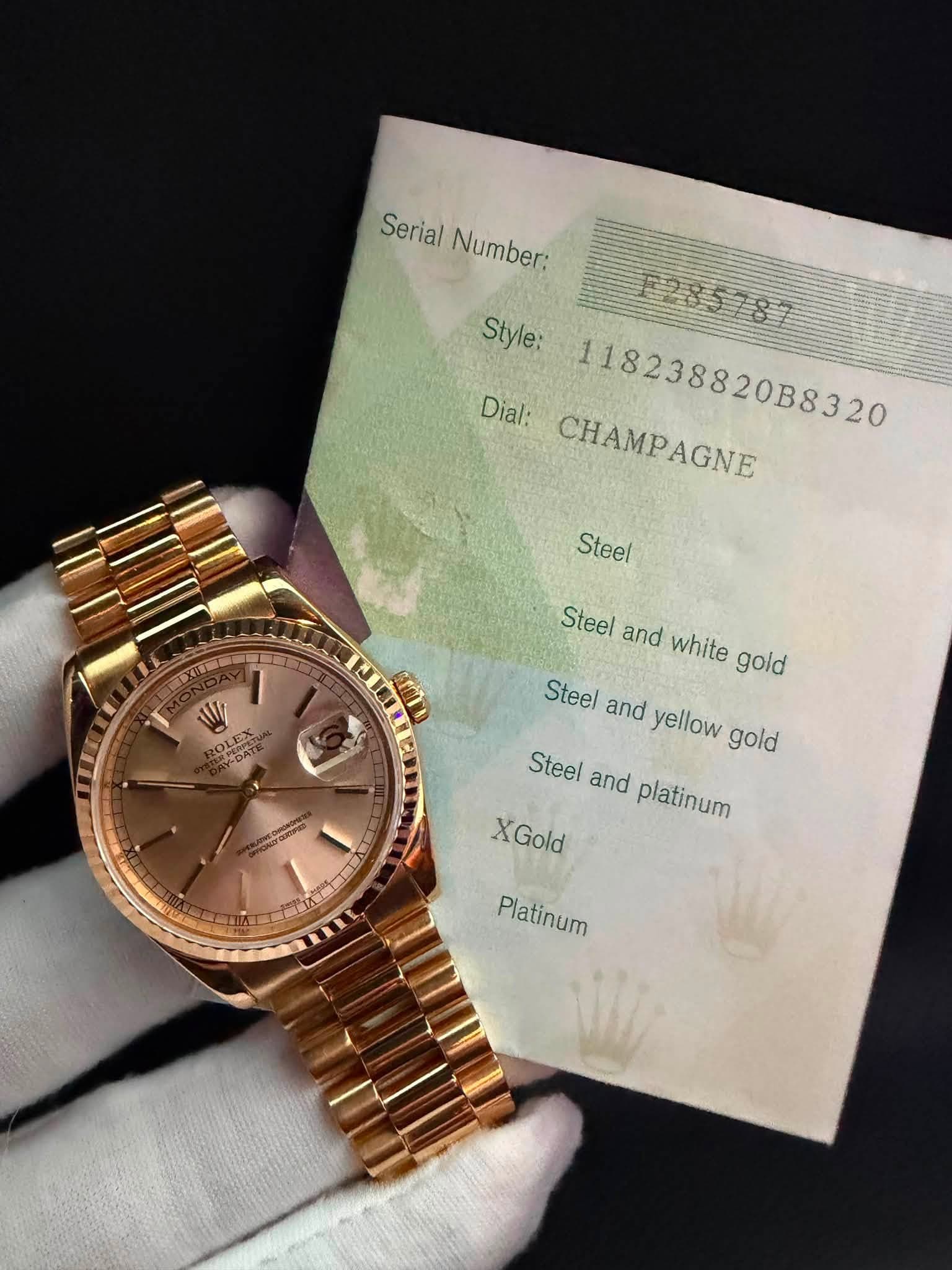 May be an image of wrist watch and text that says 'Serial Number: Style: 118238820B8320 B8320 F285787 2878 Dial: CHAMPAGNE Steel Steel ل W ET OLEX Steel and white gold ر oAK…