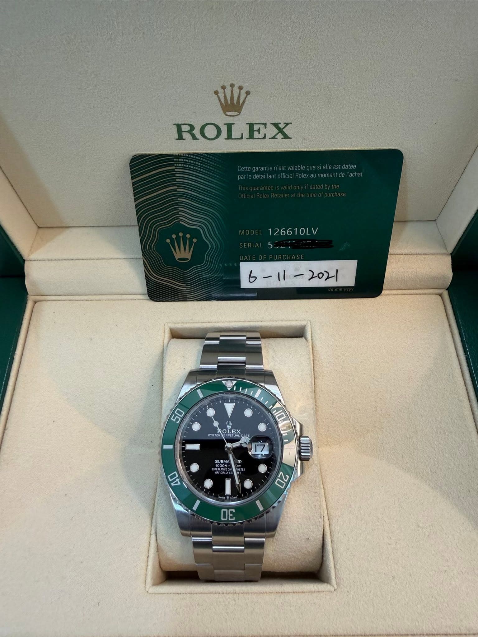 May be an image of wrist watch and text that says 'ROLEX 126610LV OLV b-1l 2021 50 OLEX EX oi E wsil., 100 poof SUDNU 40 20 DE'