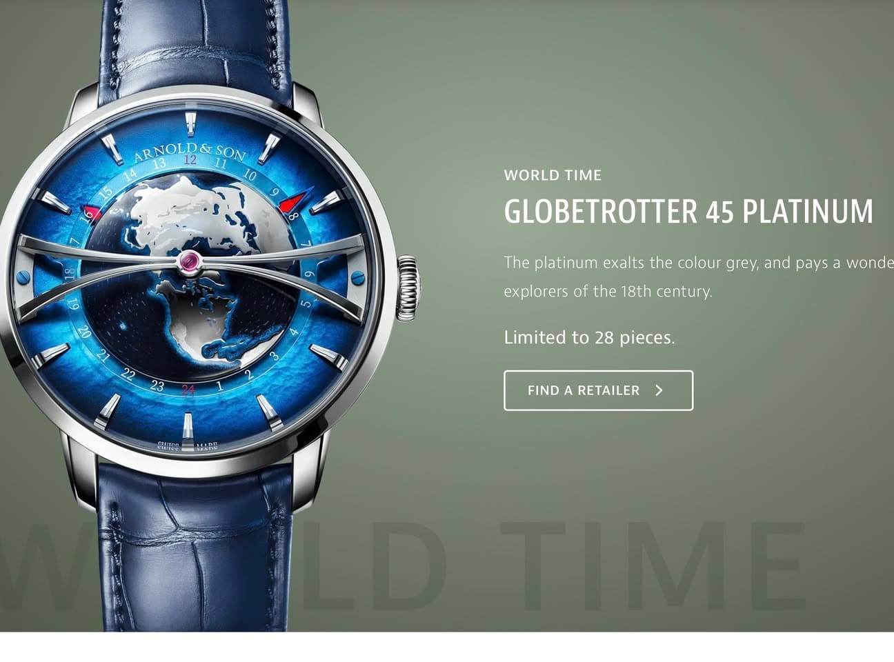 May be an image of map, wrist watch and text that says 'Af AR ARNOLD ARNOLD&SON & &T 12 ON ه WORLD TIME GLOBETROTTER 45 PLATINUM ဟာ The platinum exalts the colour grey, and pays…