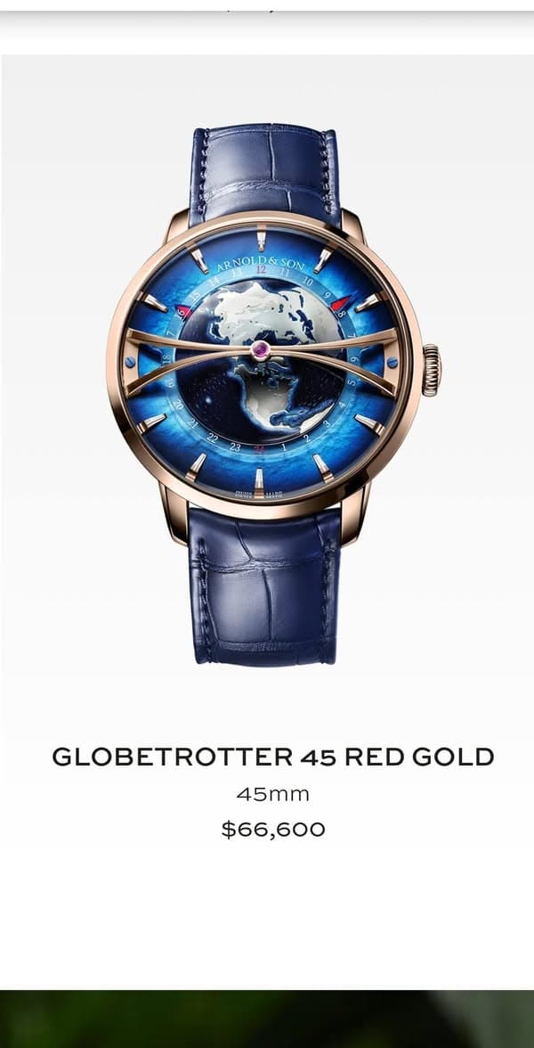 May be an image of digital watch and text that says '(יסא/א D& 12 & SON ) P 0 AKRAYTI 100IS ዘ 無 110R GLOBETROTTER 45 RED GOLD 45mm $66,600'