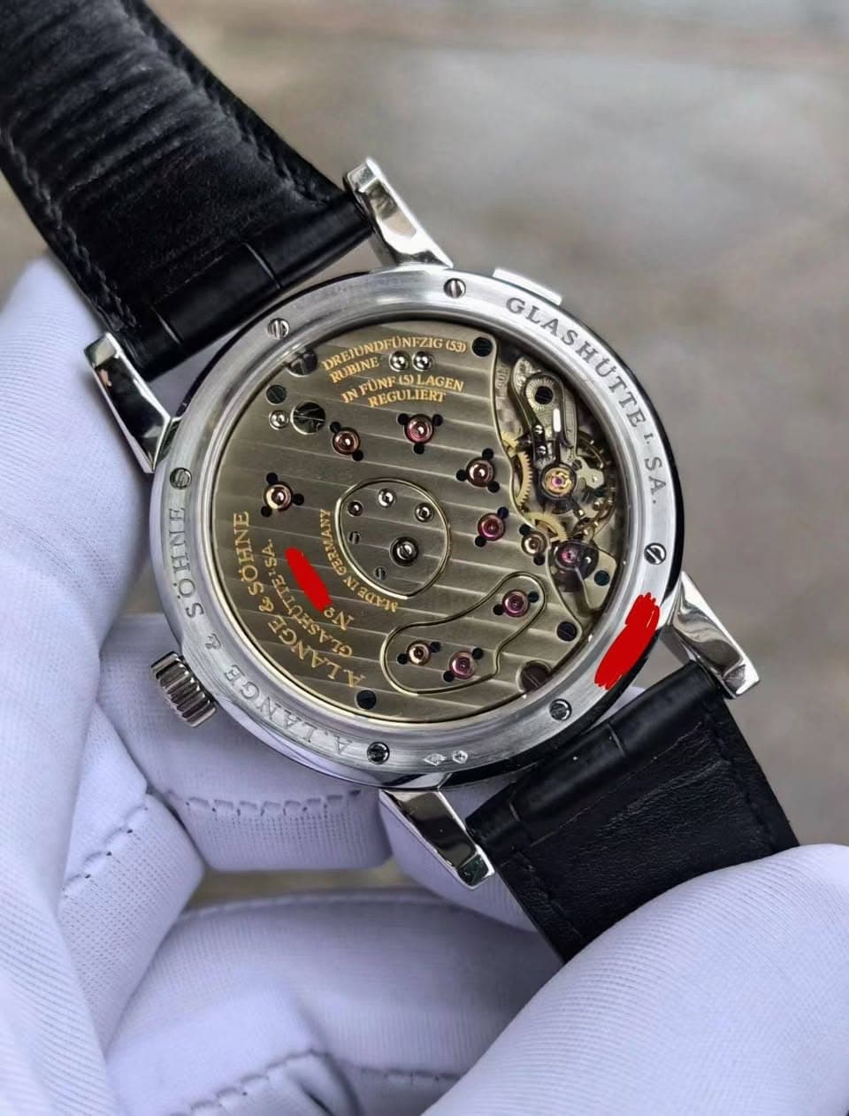 May be an image of wrist watch and text that says '3 M WRUNDFUNFZIG( (53) RUBINE LSILAGEN LAGEN C FÜNFAS או REGULIERT REGU GLASHUTTE GLAS SA 6 ☬ G HNE SOHNE SOHNE SA GERMAN ANY…