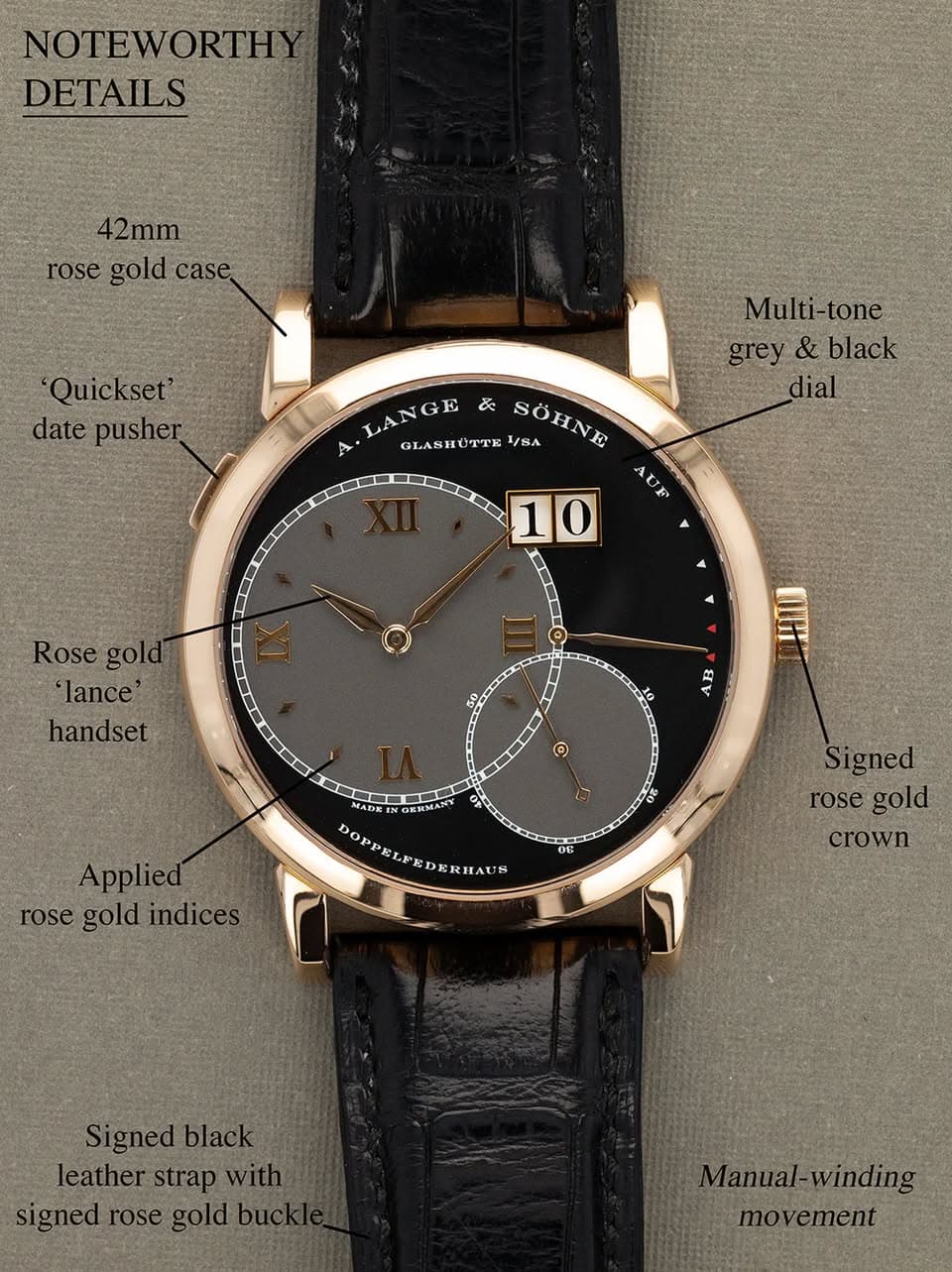 May be an image of wrist watch and text that says 'NOTEWORTH DETAILS 42mm rose gold case 'Quickset' kset' datepusher date pusher Multi- Multi-tone tone grey grey&black & black dial…