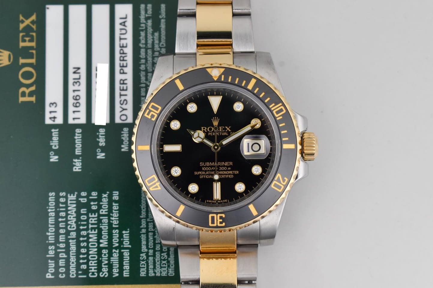 May be an image of wrist watch and text that says 'ROLEX PERPETUAL acopToe Chronomitre 413 116613LN parui OYSTER 50 client montre série Modéle N °série N° Réf. ΕΑ 10 IO 40 20…