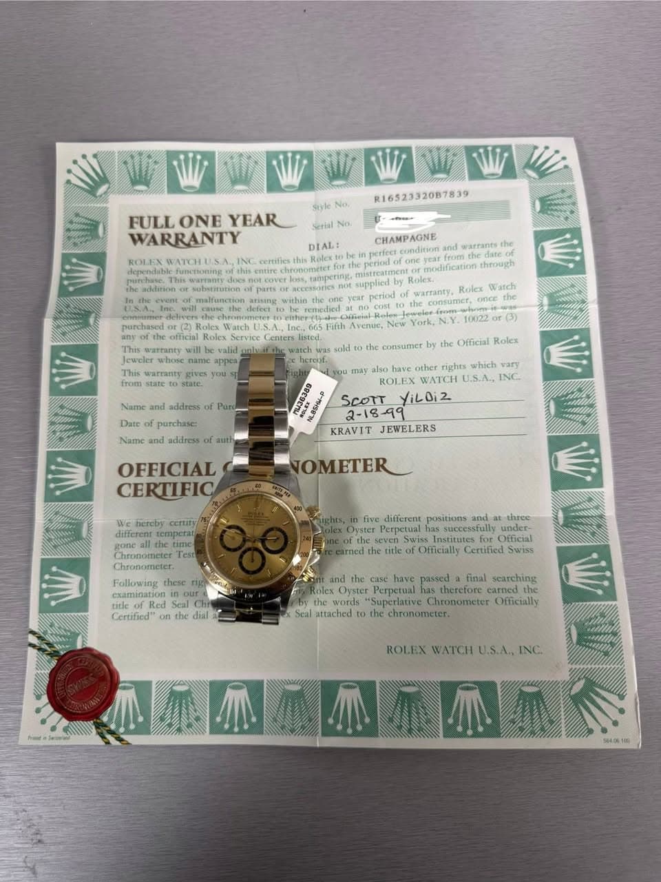May be an image of wrist watch, ticket stub and text that says 'NWWWWW W WI W FULL ONE YEAR WARRANTY CHAMPAGNE warrants the odifieatinn through Rolex atch once the 10022 (3) COyTcT…