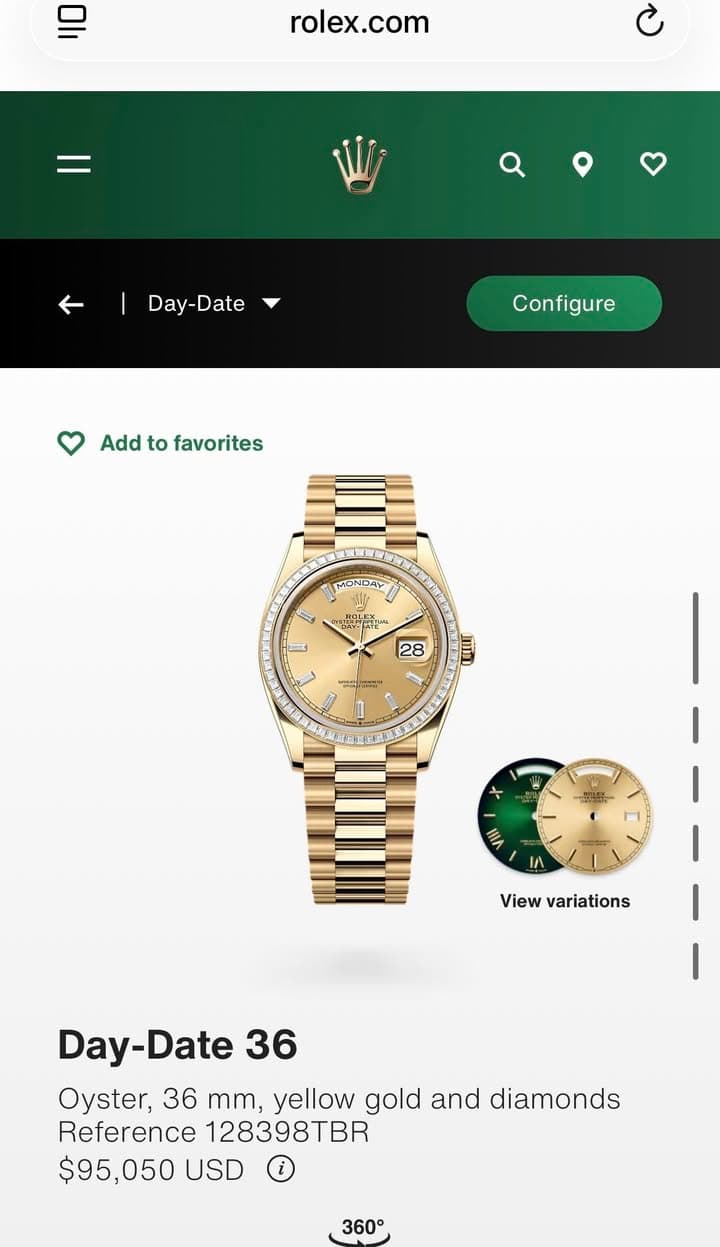 May be an image of wrist watch and text that says 'rolex.com ← Day- Day-Date Date Configure Add Addtofavorites to favorites MONDAY L I ీధ 28 2 MIII ST + 台 IA View variations…