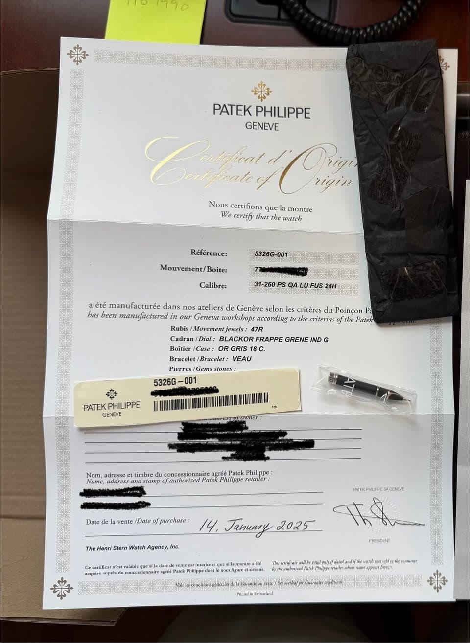May be an image of ticket stub and text that says 'PATEK PHILIPPE GENEVE Caega Qhin Orign rigin Nous certifions que montre We certify that the watch Référence: 5326G-001 Mouvement/…