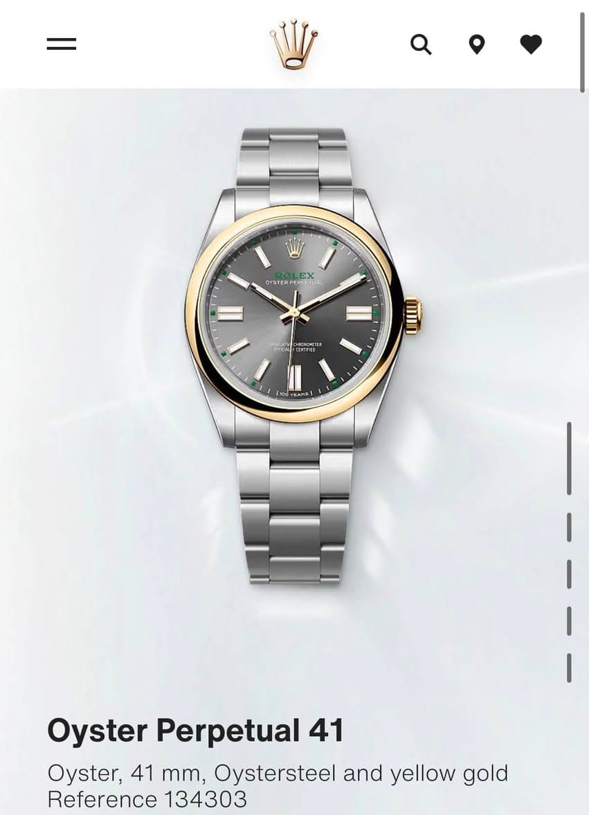 May be an image of wrist watch and text that says 'W TEY FA EX OYSTERPOR OYSTE 微团品 ! RAPS! Oyster Perpetual 41 41 Oyster, 41 mm, Oystersteel and yellow gold Reference 134303'